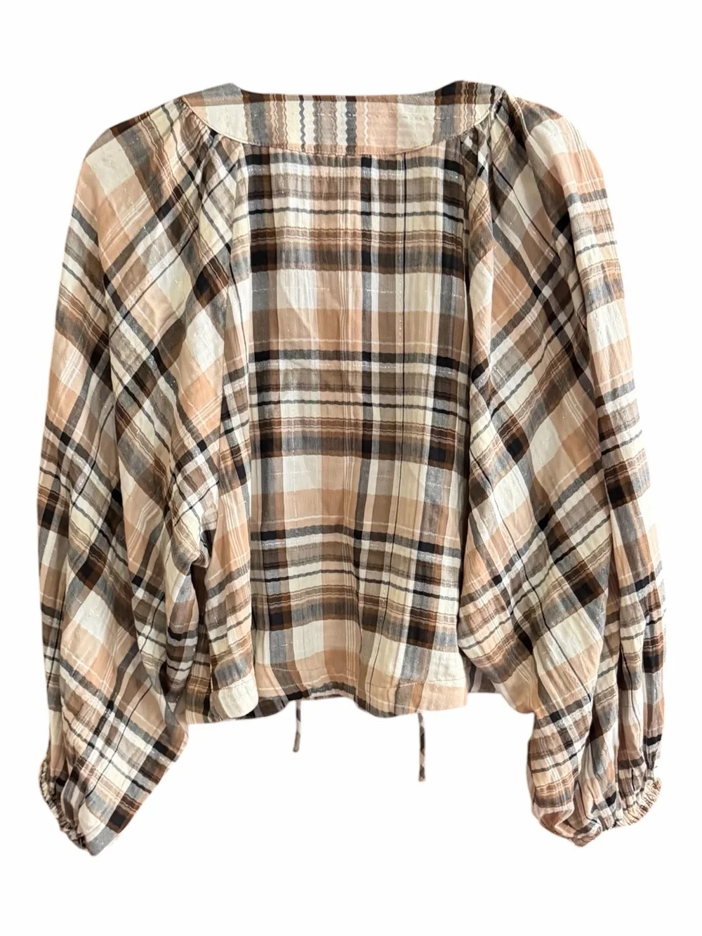 ANTHROPOLOGIE Long-Sleeve Lace-up Dolman Blouse Neutral Pattern Plaid S - Picture 6 of 12